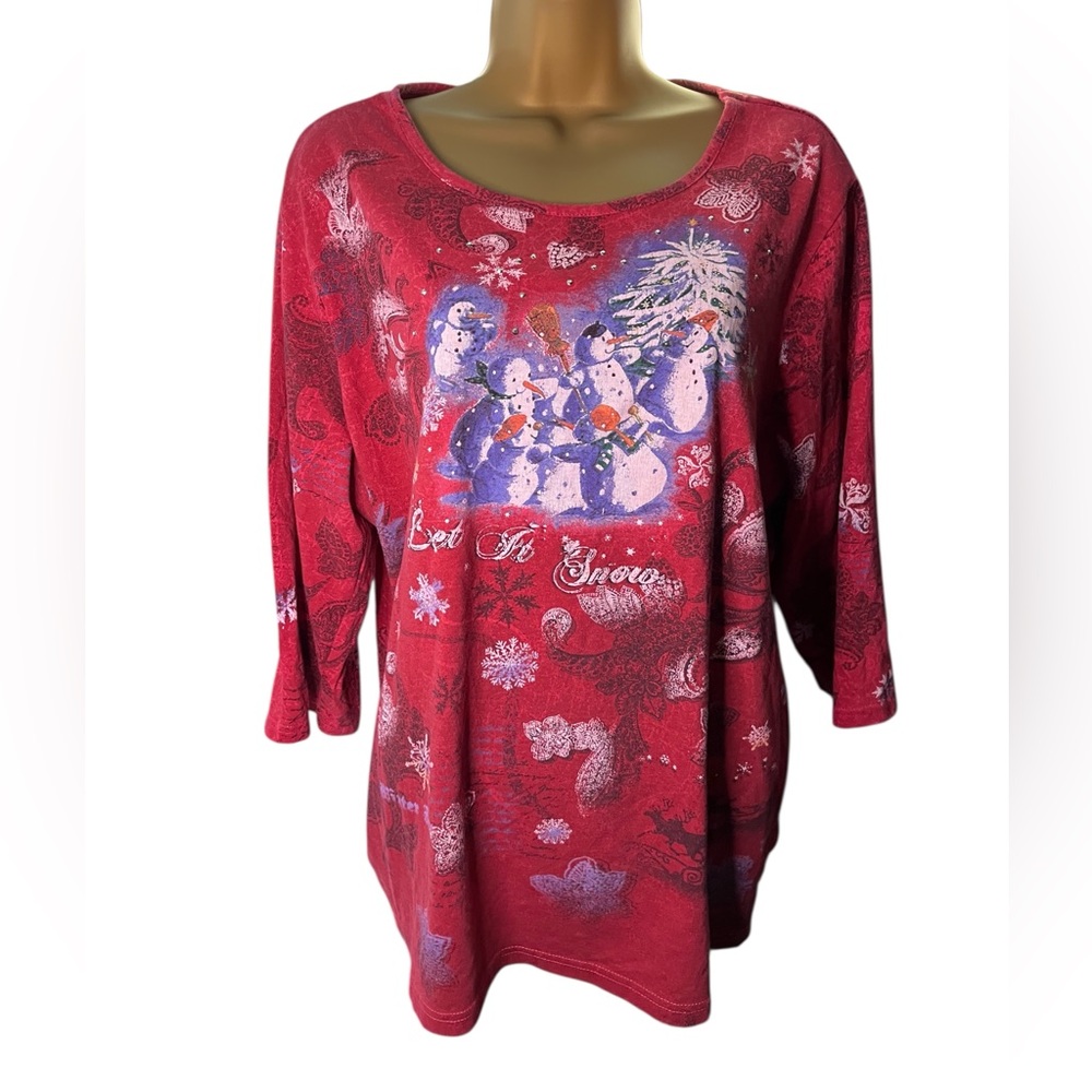 Holiday Editions Christmas Snowman Print Glitter Graphic Red 2X